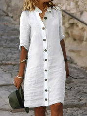 Airy Linen Women’s Midi Dress with Collar and Button Closure