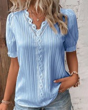Elegant Pleated Women’s Blouse with Lace and Short Sleeves
