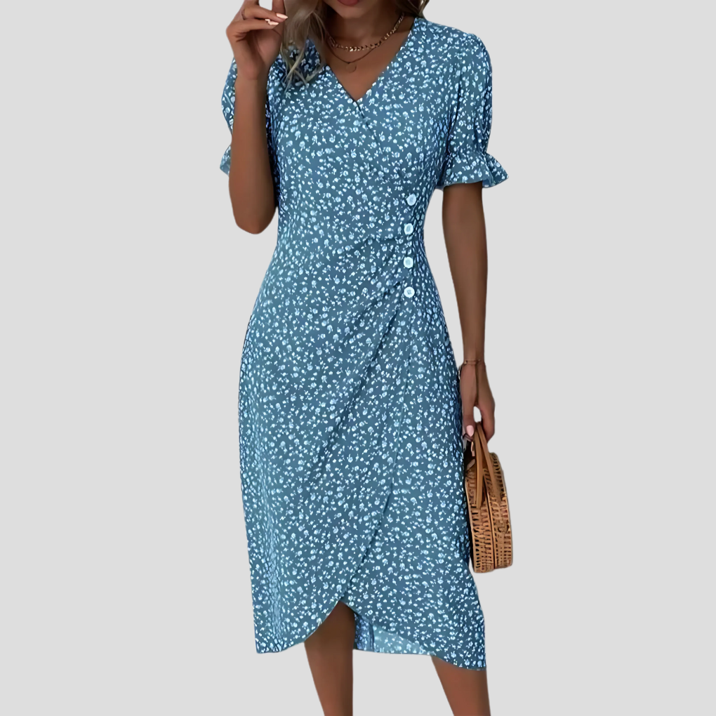 Stylish Midi Dress with Floral Print and V-Neck for Women