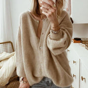 Women's Oversized Beige Cardigan with Buttons and Dropped Shoulders