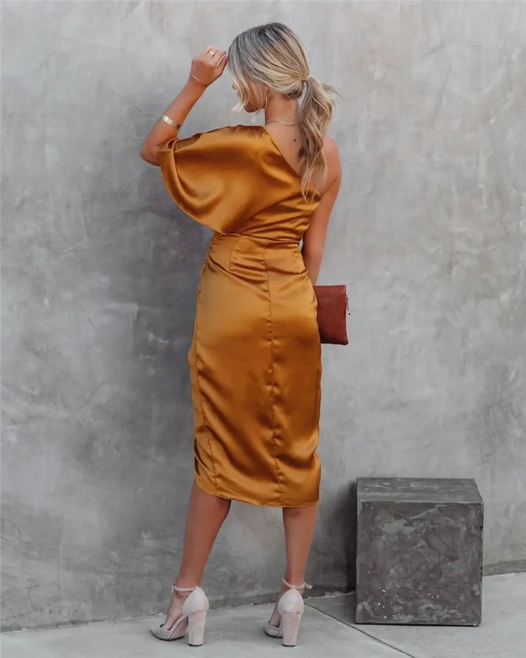 Cocktail Dress with One Shoulder and Draped Midi Skirt
