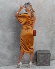 Cocktail Dress with One Shoulder and Draped Midi Skirt