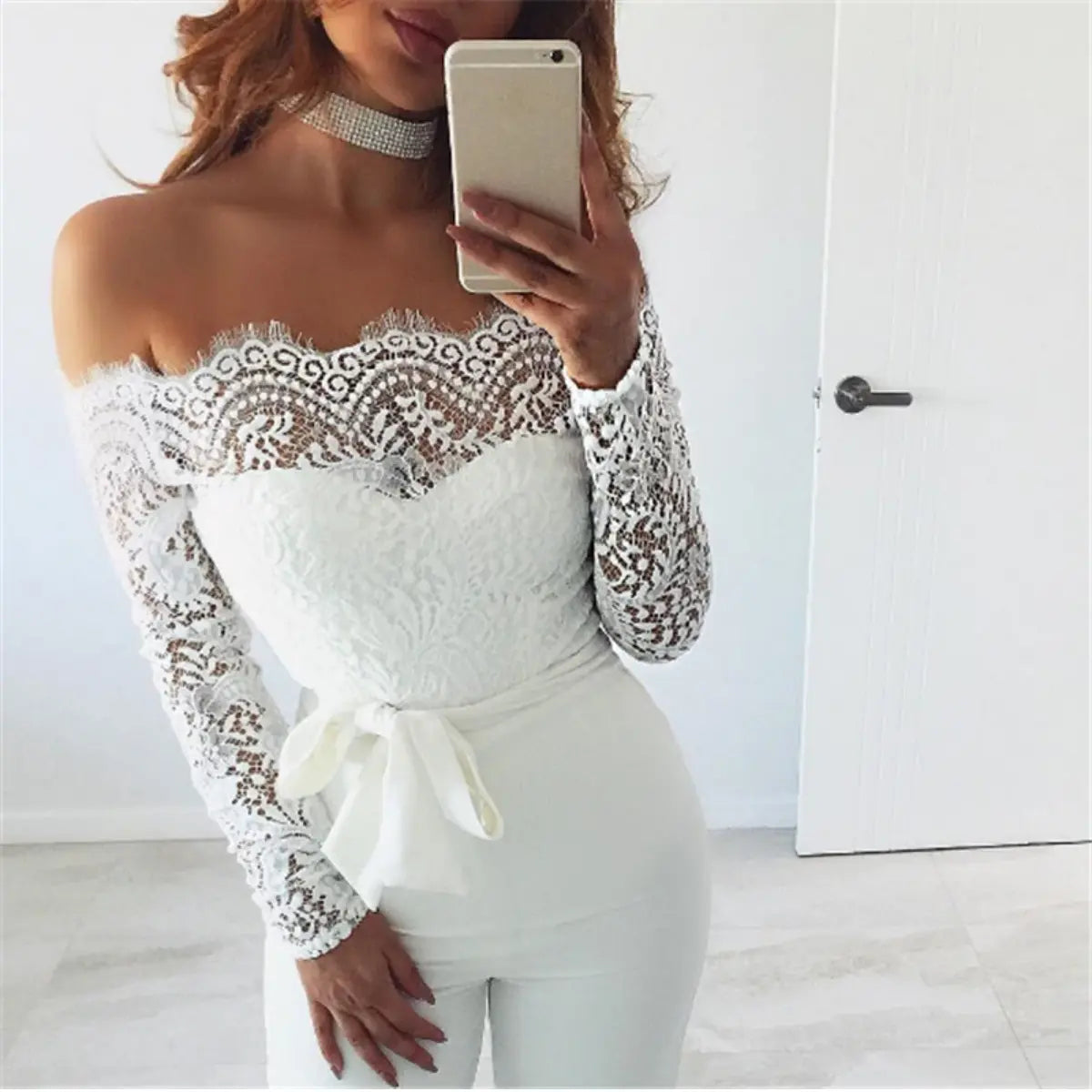Lace Jumpsuit with Open Shoulders and Long Sleeves