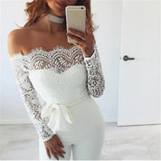 Lace Jumpsuit with Open Shoulders and Long Sleeves