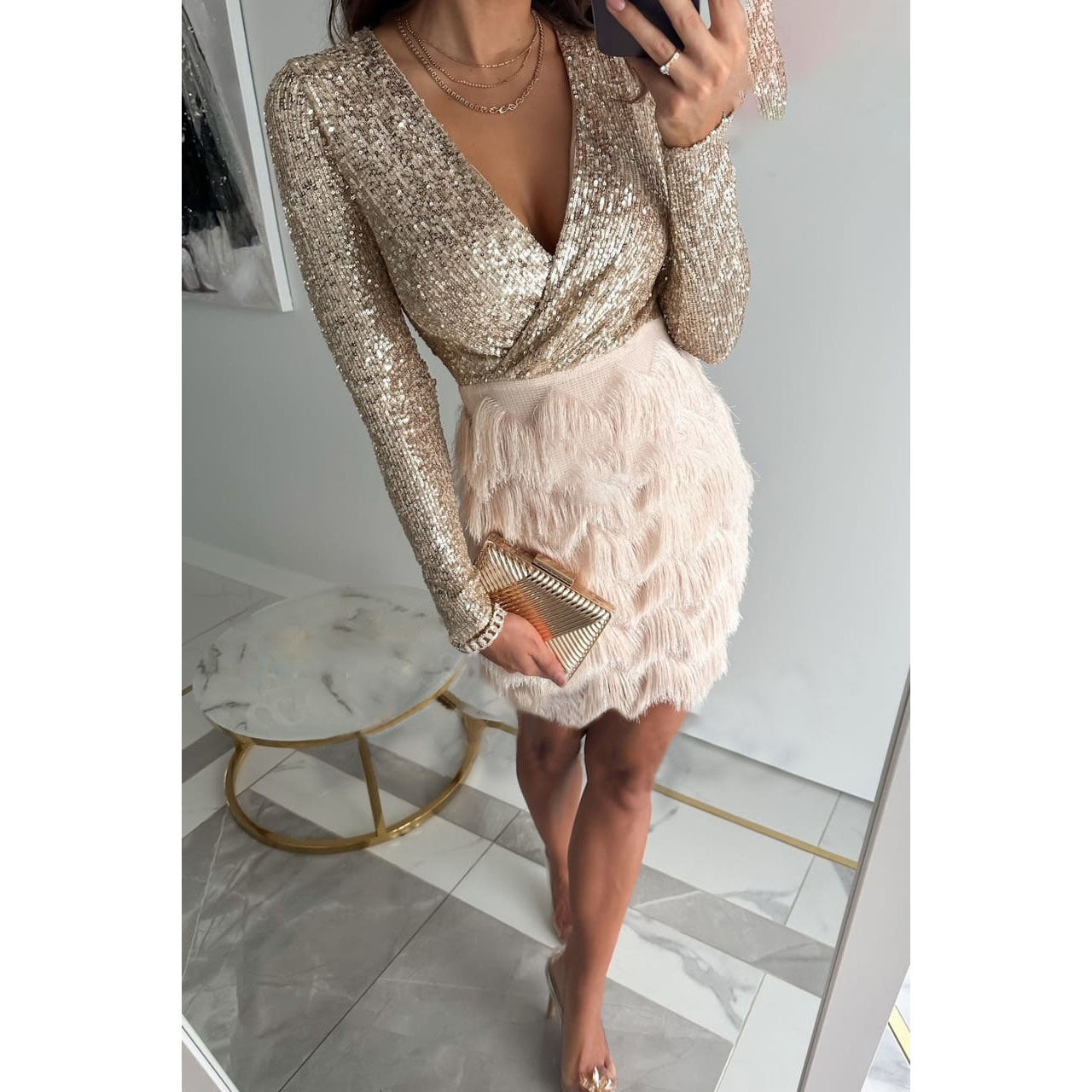 Sequin Chic Women's Mini Cocktail Dress with V-Neck and Fringe