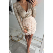 Sequin Chic Women's Mini Cocktail Dress with V-Neck and Fringe