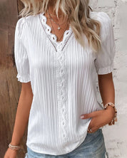 Elegant Pleated Women’s Blouse with Lace and Short Sleeves