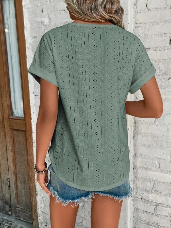 Embroidered Blouse with Short Sleeves and Round Neck