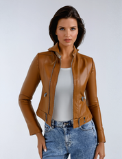 Short Leather Biker Jacket for Women with Zipper and Pockets
