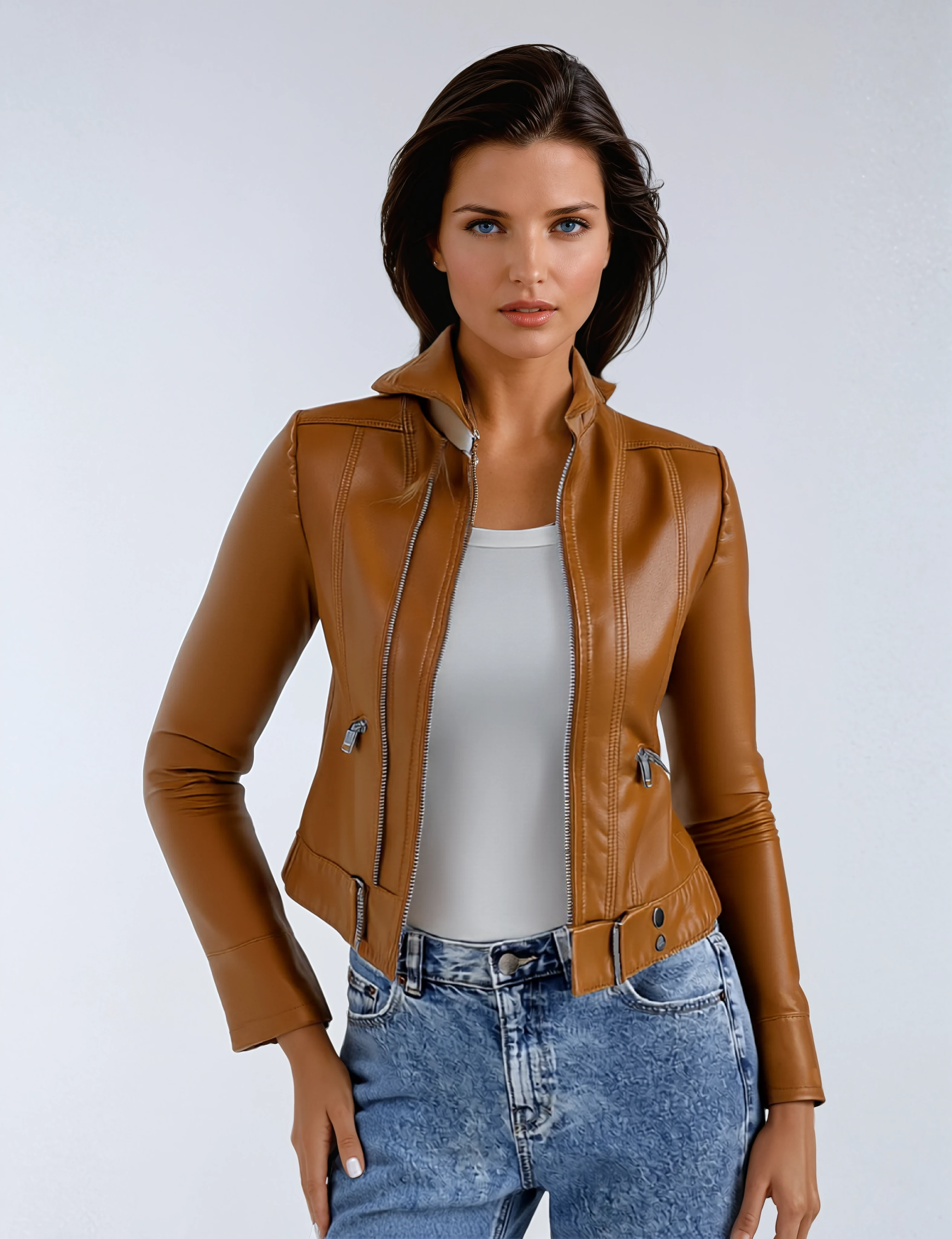 Short Leather Biker Jacket for Women with Zipper and Pockets