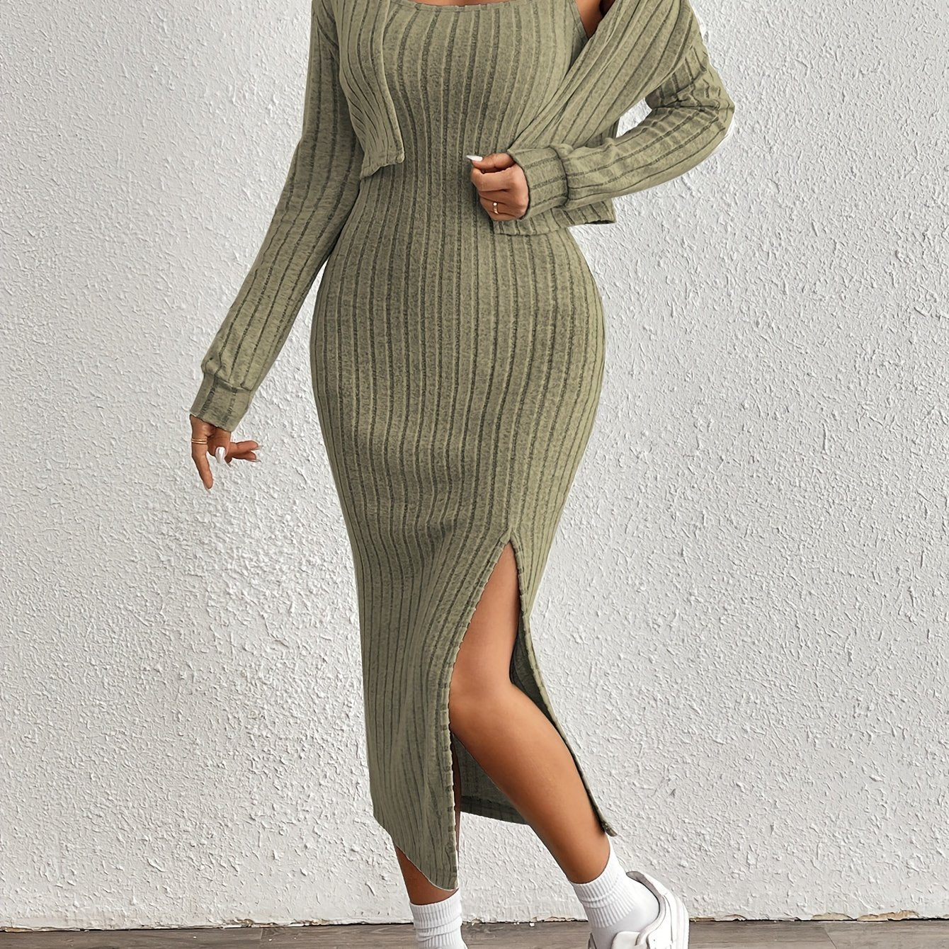 Trendy Fitted Midi Dress Set for Women with Short Vest and Slit