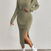 Trendy Fitted Midi Dress Set for Women with Short Vest and Slit