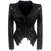 Black Leather Women's Bodycon Jacket with Zipper and Studs