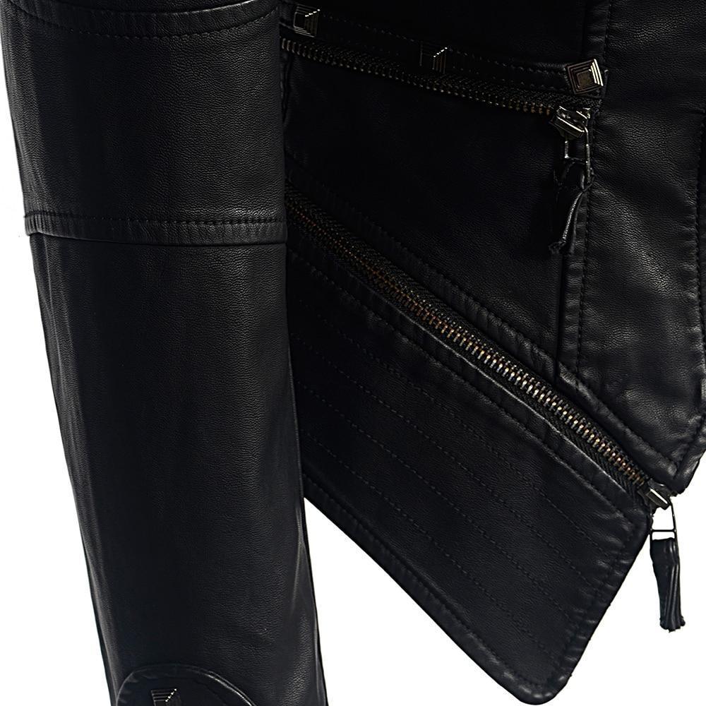 Black Leather Women's Bodycon Jacket with Zipper and Studs