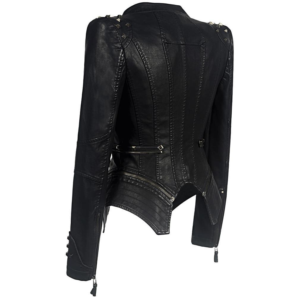 Black Leather Women's Bodycon Jacket with Zipper and Studs