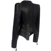 Black Leather Women's Bodycon Jacket with Zipper and Studs
