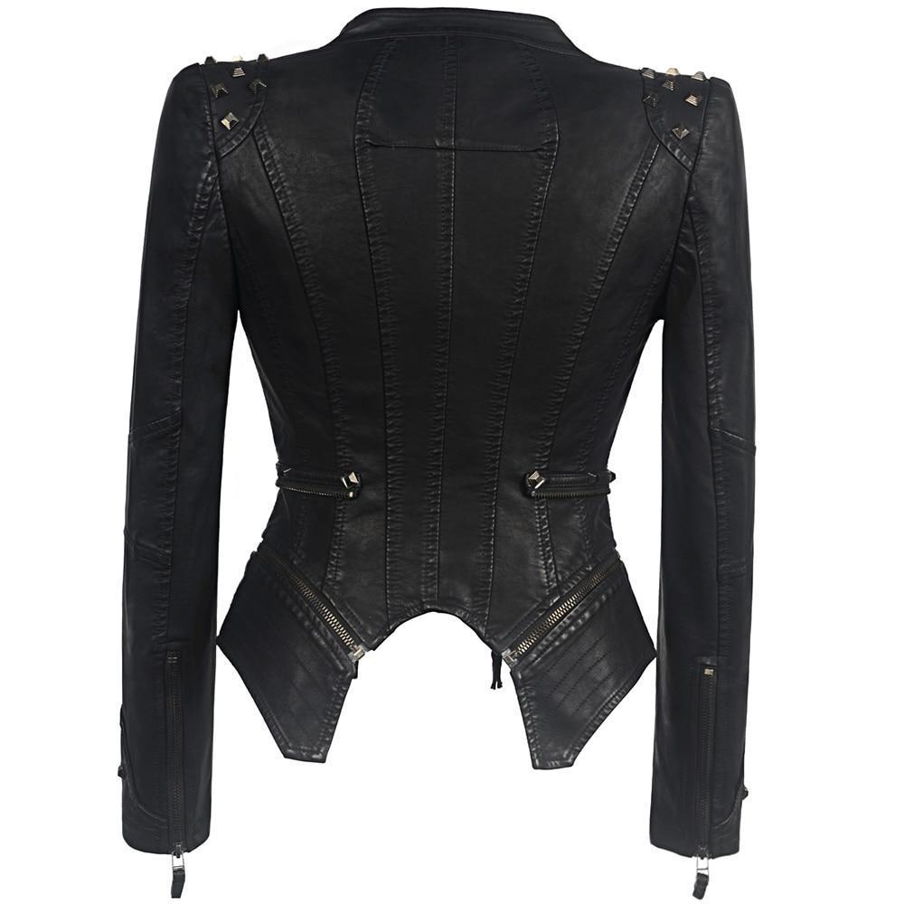 Black Leather Women's Bodycon Jacket with Zipper and Studs