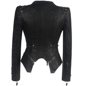 Black Leather Women's Bodycon Jacket with Zipper and Studs