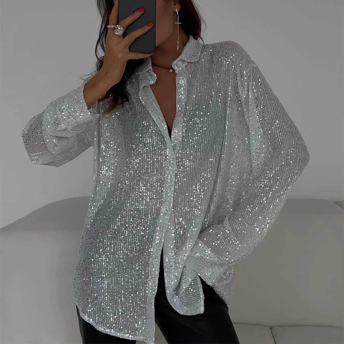 Women's Oversized Sequin Blouse with Long Sleeves