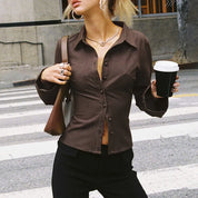 Elegant Retro Blouse for Women with Ribbed Texture and Flared Sleeves
