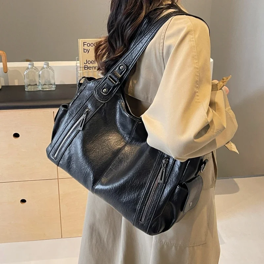 Women’s Leather Shoulder Bag with Zipper Pockets and Double Handles