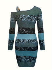 Glitter One-Shoulder Striped Bodycon Mini Dress with Shoulder Buckle