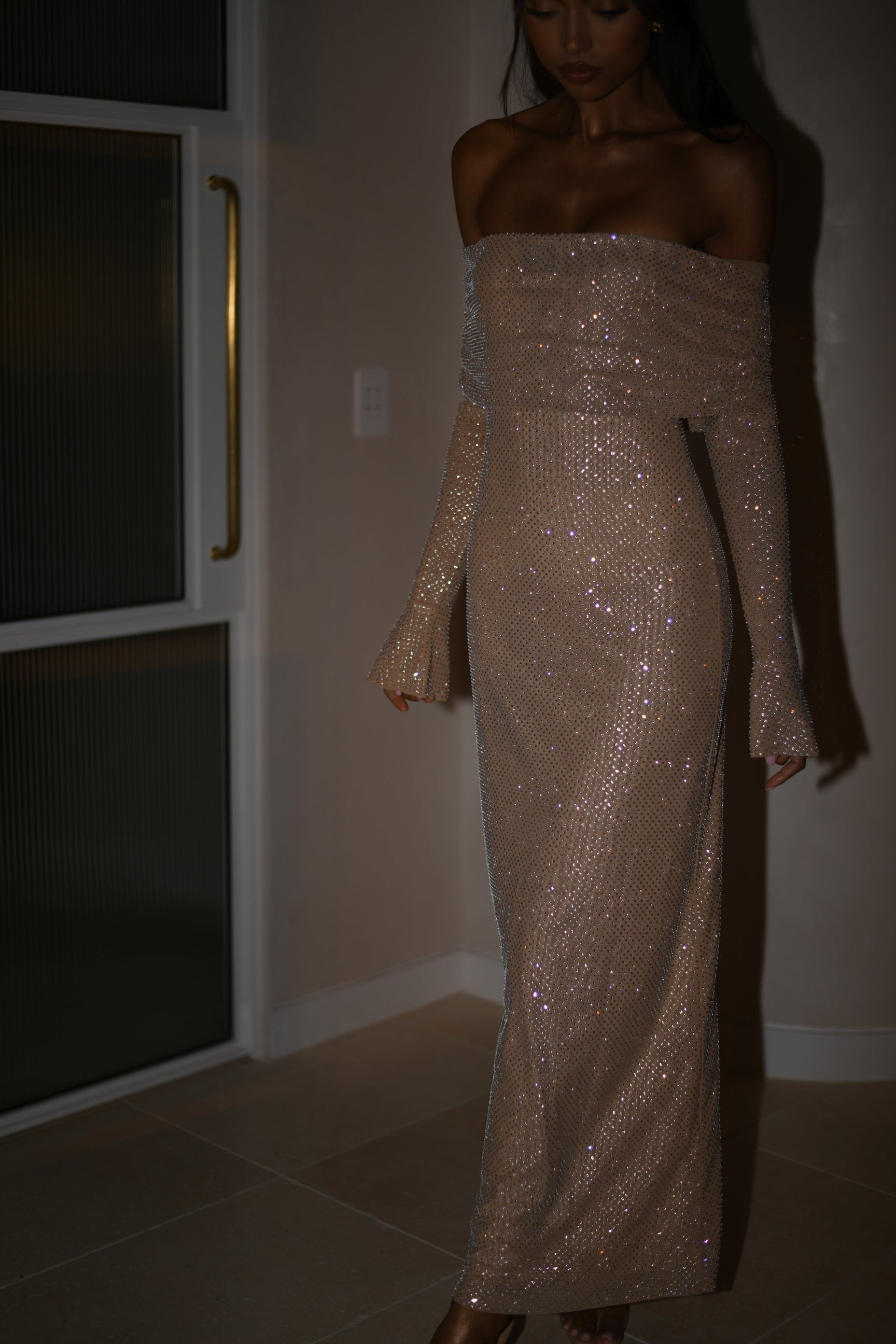 Glitter off-shoulder maxi dress for women
