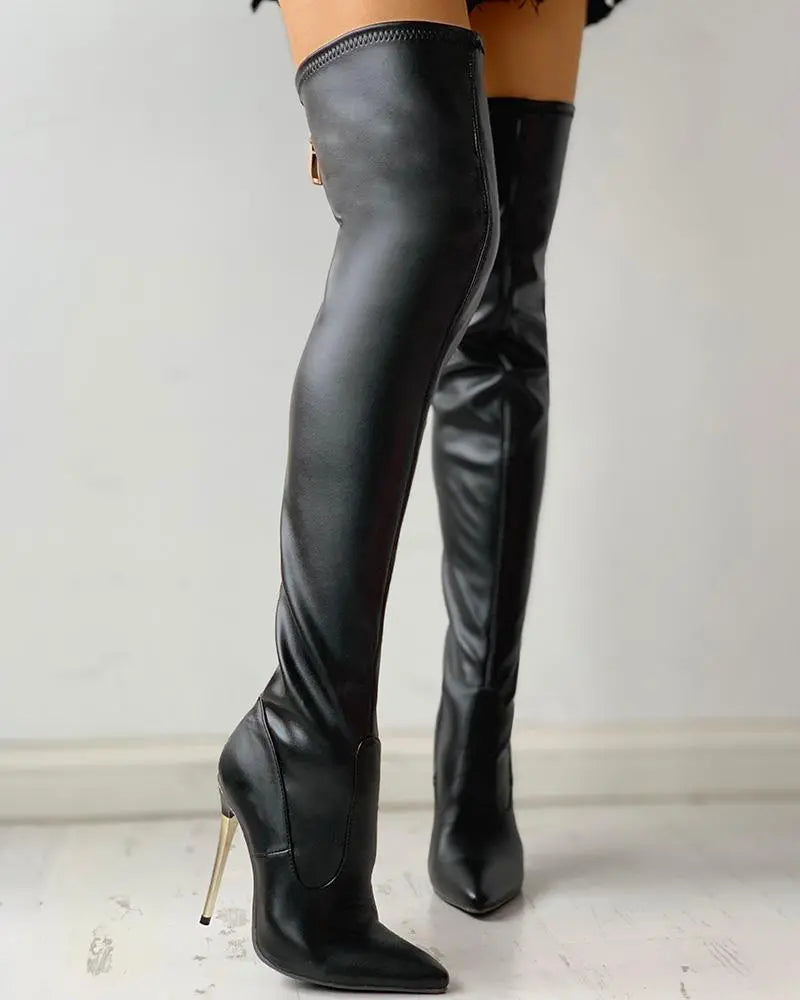 Stylish Black Women's Knee Boots with Zipper and High Heel