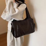 Women’s Leather Shoulder Bag with Zipper Pockets and Double Handles