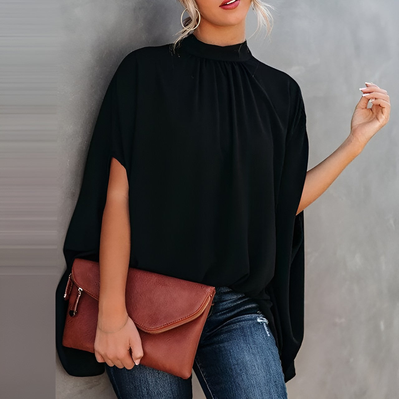 Elegant Blouse with Print and Batwing Sleeves High Neck for Women