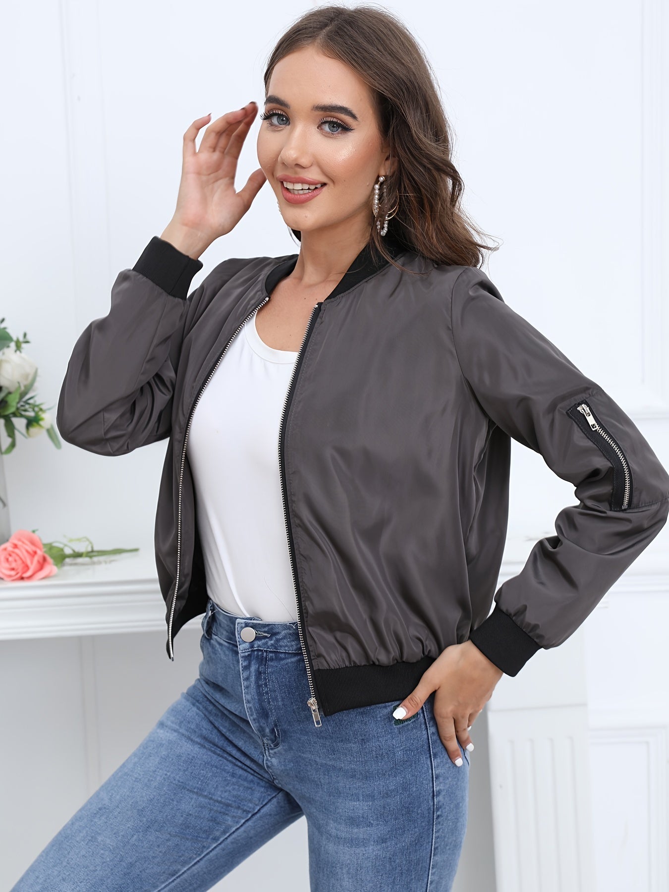 Women's Bomber Jacket with Zipper, Sleeve Pocket, and Ribbed Cuffs