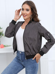 Women's Bomber Jacket with Zipper, Sleeve Pocket, and Ribbed Cuffs