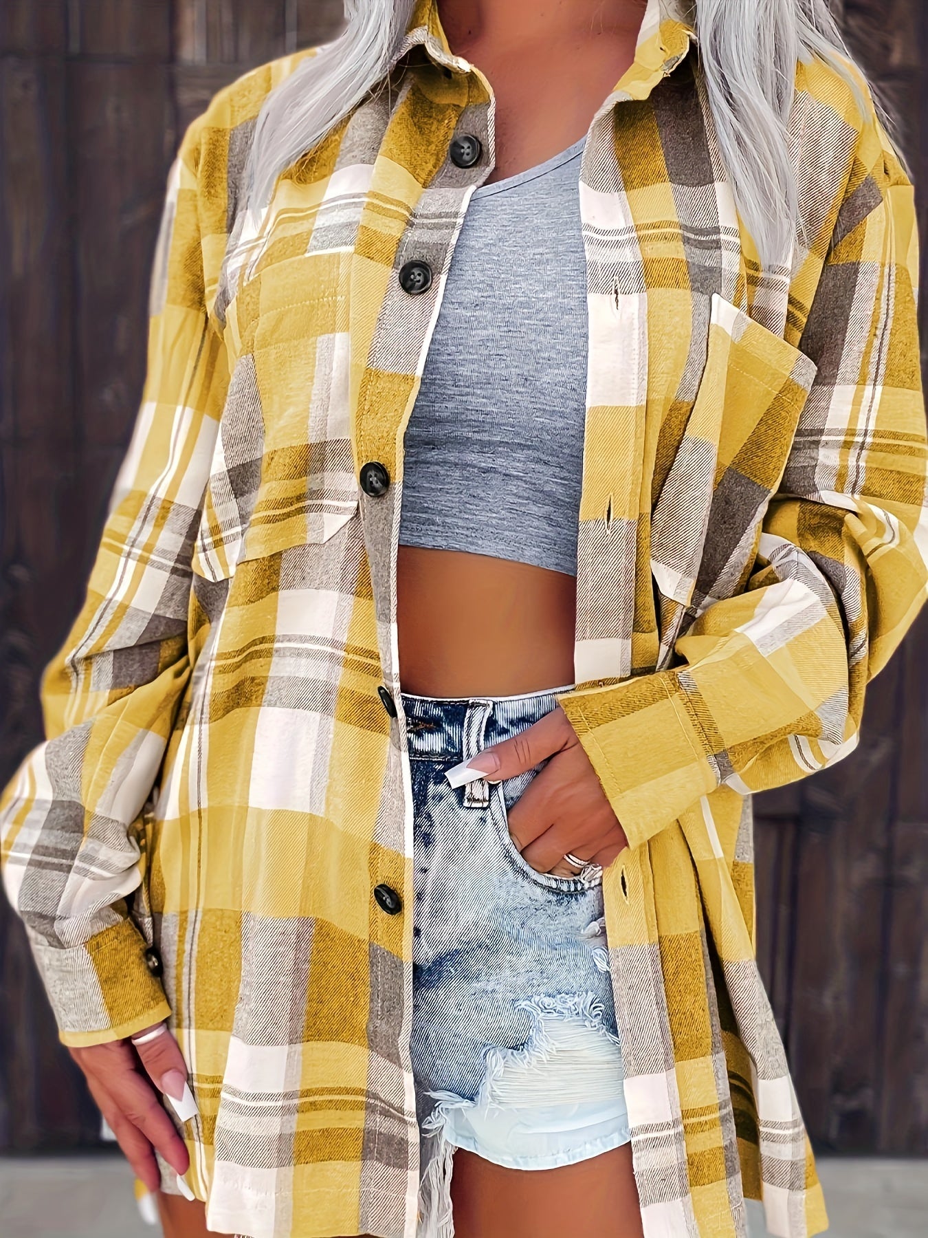 Checked Blouse Long Sleeve with Button Closure for Women