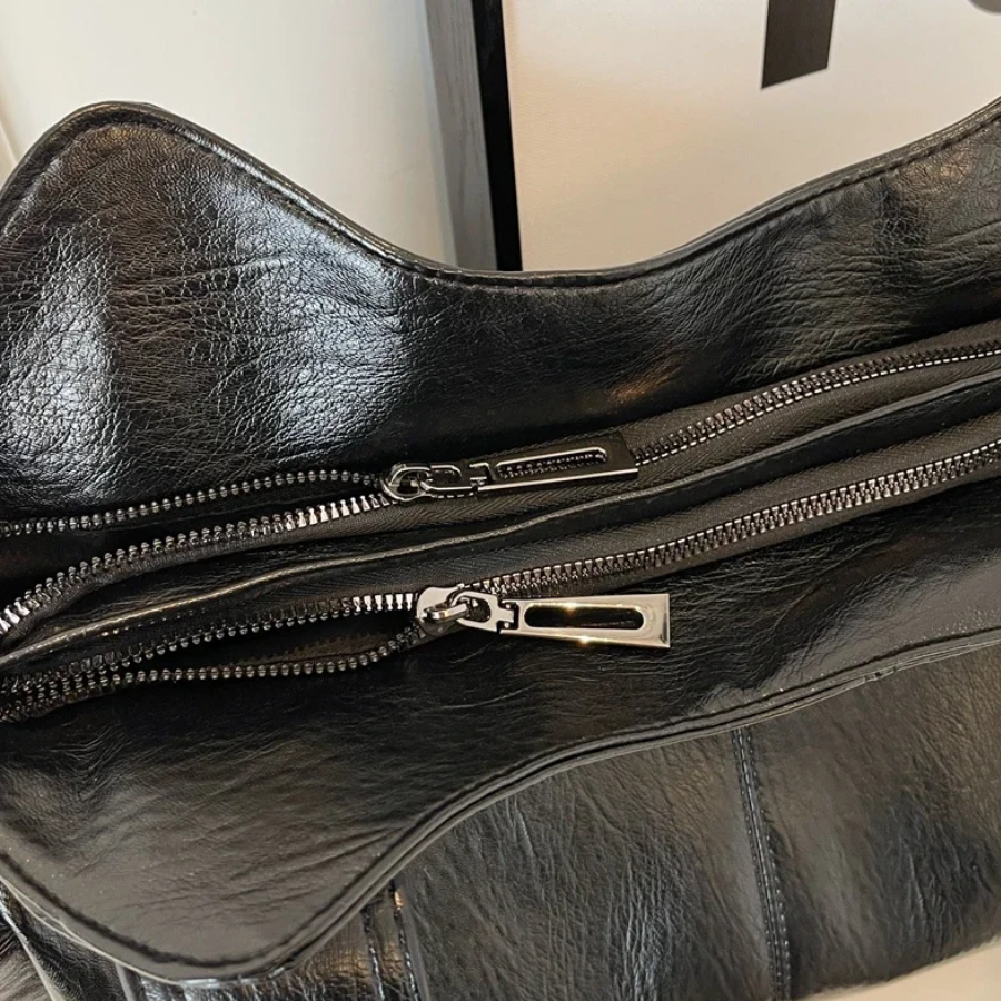 Women’s Leather Shoulder Bag with Zipper Pockets and Double Handles