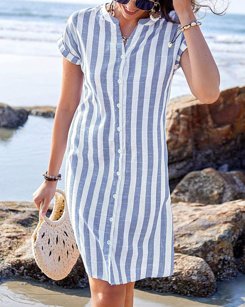 Striped Women's Summer Dress with Button Closure and Short Sleeves
