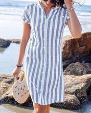 Striped Women's Summer Dress with Button Closure and Short Sleeves