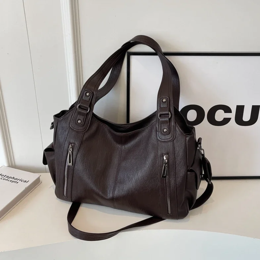 Women’s Leather Shoulder Bag with Zipper Pockets and Double Handles
