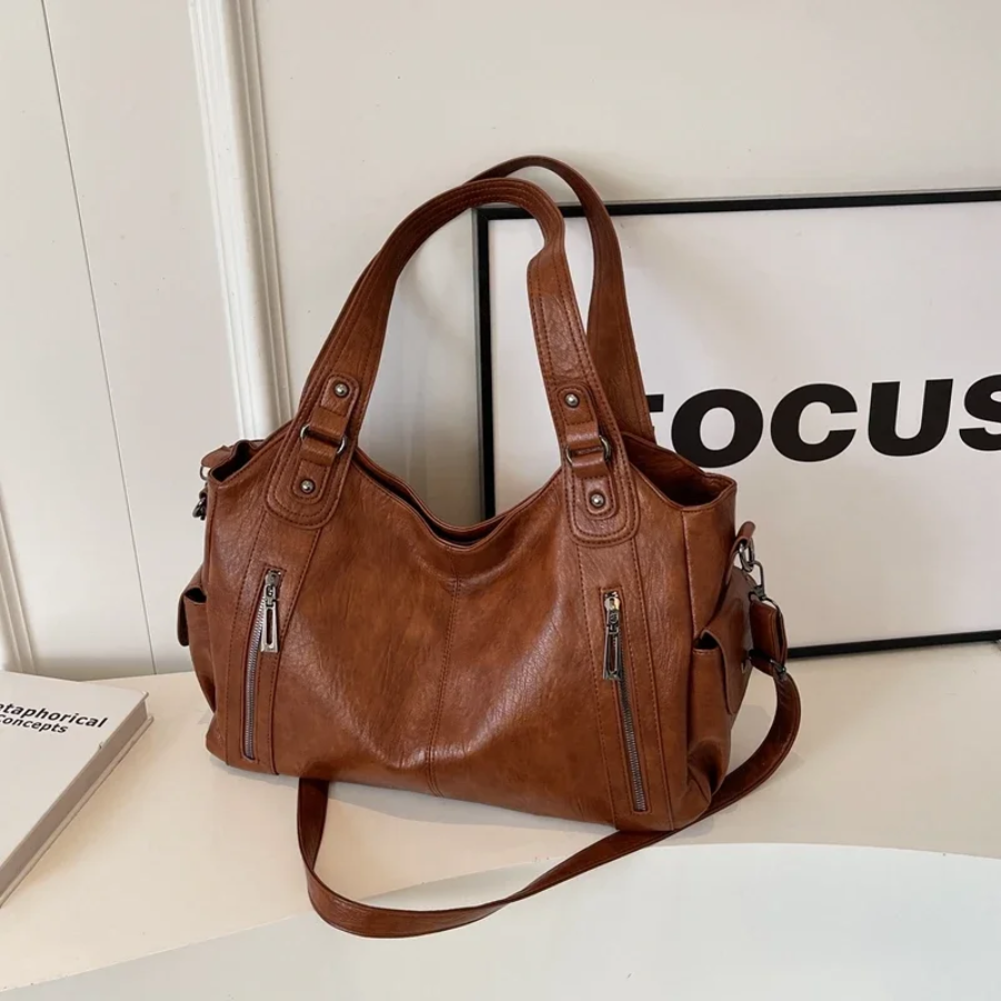 Women’s Leather Shoulder Bag with Zipper Pockets and Double Handles