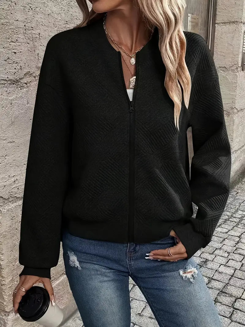 Women's Lightweight Bomber Jacket with Zipper and Ribbed Cuffs