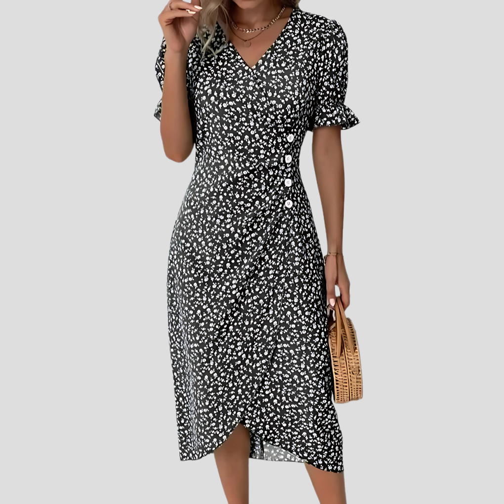 Stylish Midi Dress with Floral Print and V-Neck for Women