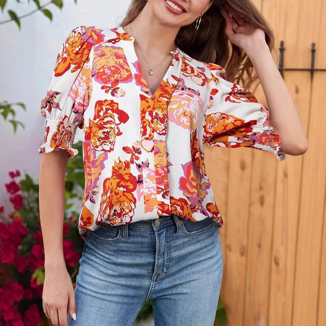Blouse with Floral Print and V-Neck with Three-Quarter Sleeves