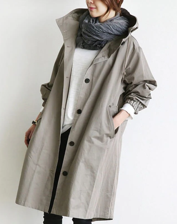Waterproof Long Women's Trench Coat with Hood and Buttons