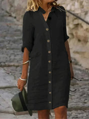 Airy Linen Women’s Midi Dress with Collar and Button Closure