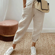 Women's Linen Pants with Drawstring and Straight Legs