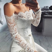 Lace Jumpsuit with Open Shoulders and Long Sleeves