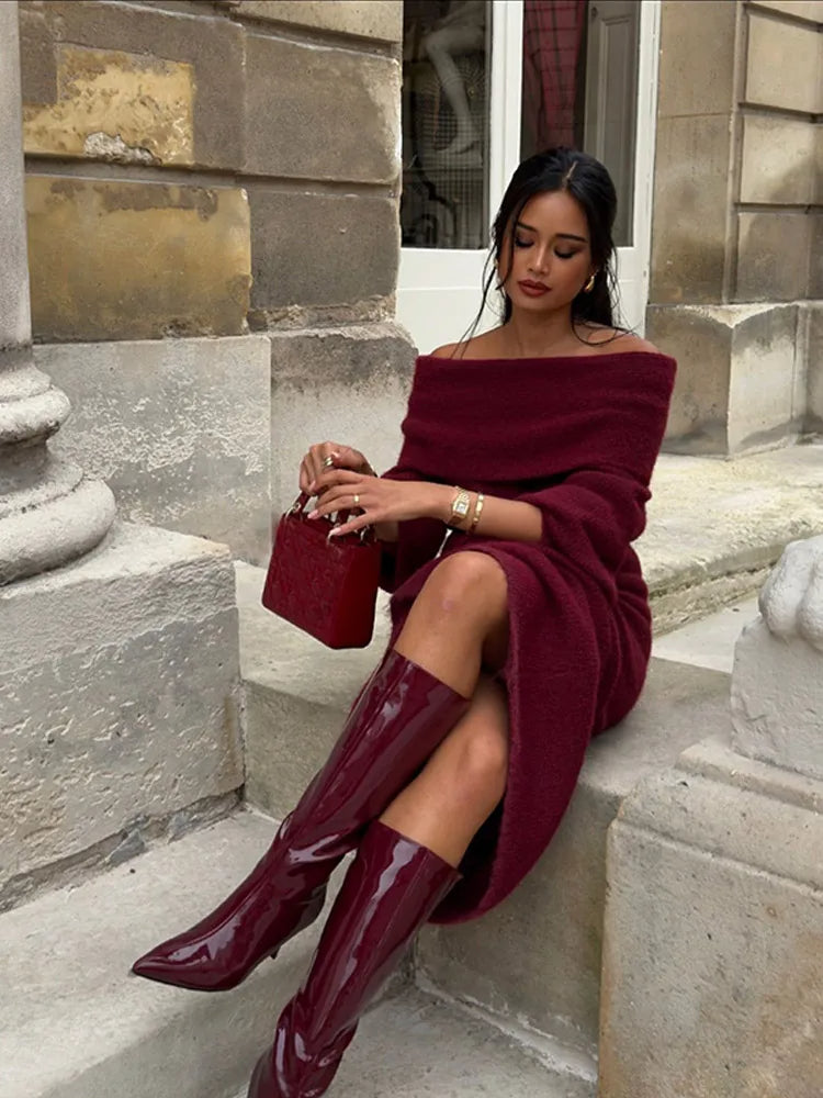 Off-Shoulder Knitted Maxi Dress with Pleat Detail for Women