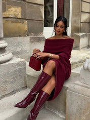 Off-Shoulder Knitted Maxi Dress with Pleat Detail for Women