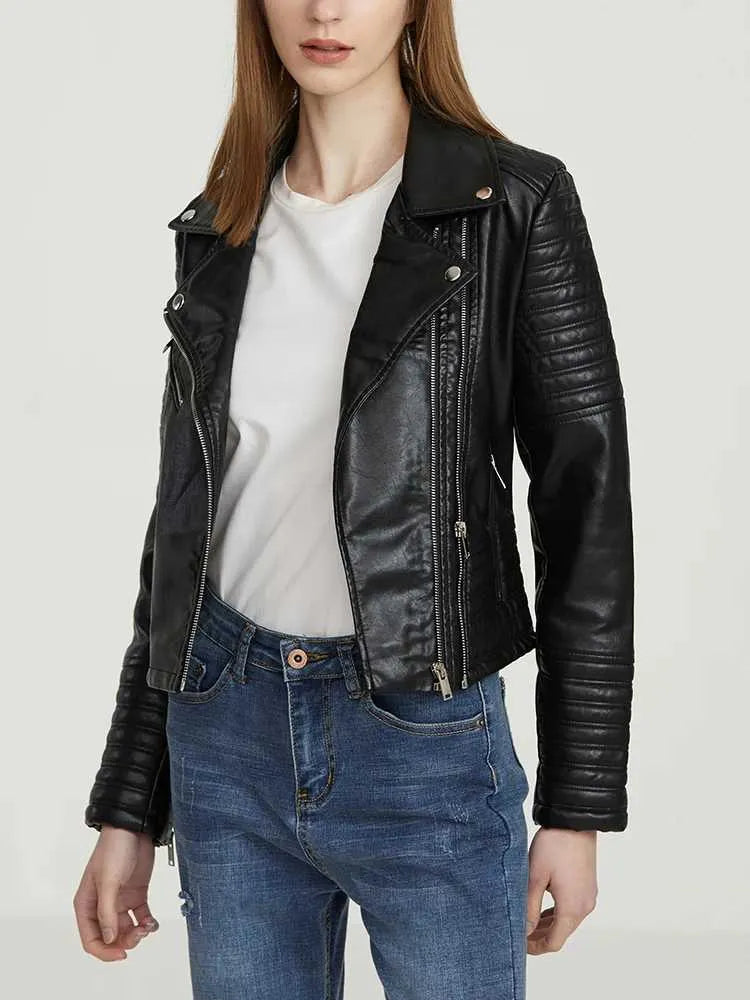 Black Leather Women's Jacket with Zip Pockets