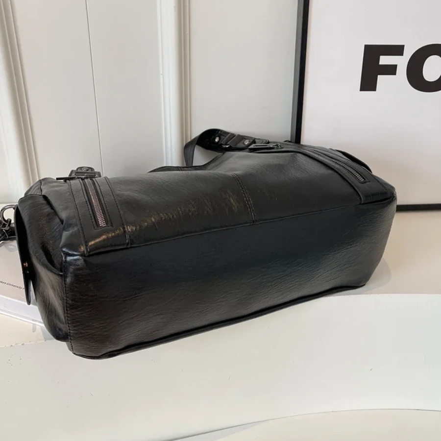 Women’s Leather Shoulder Bag with Zipper Pockets and Double Handles