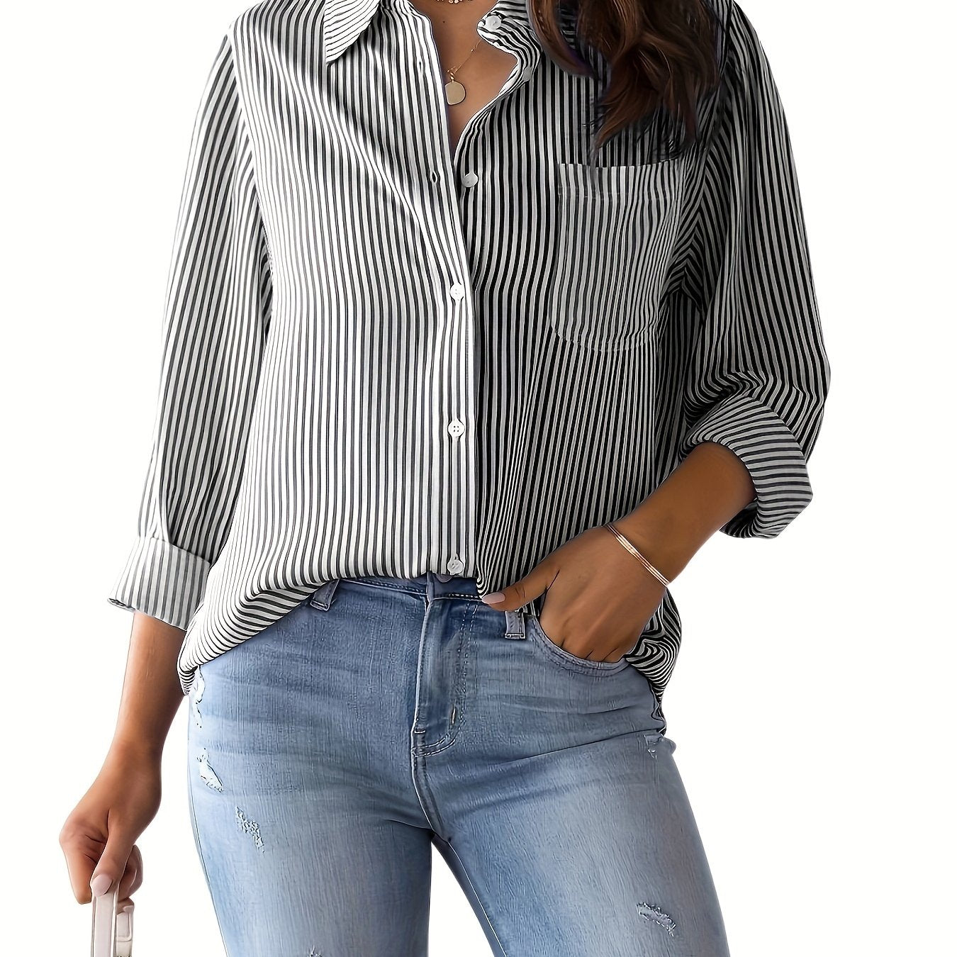Chic Women's Striped Blouse with Collar and Button Closure